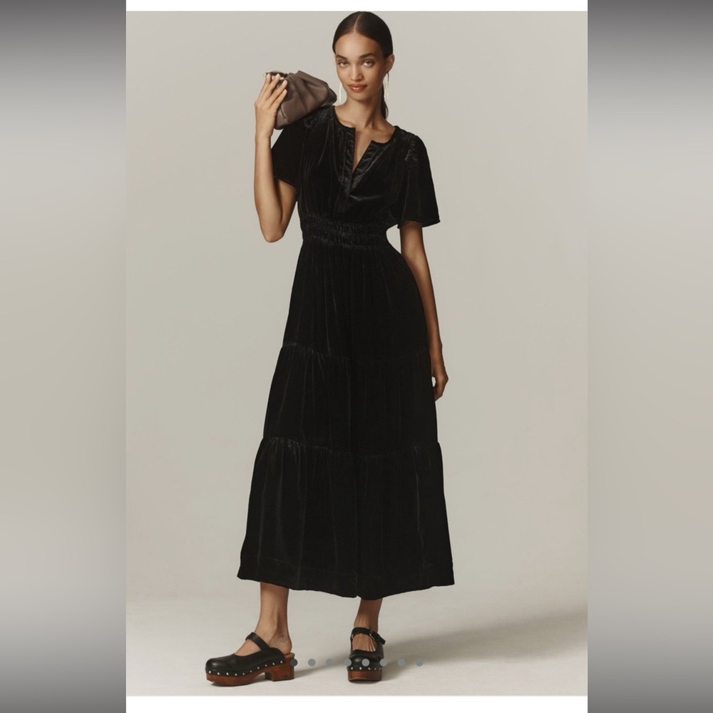 Anthropologie Somerset XS Black Maxi Dress NWOT Velvet Stunning Smocked